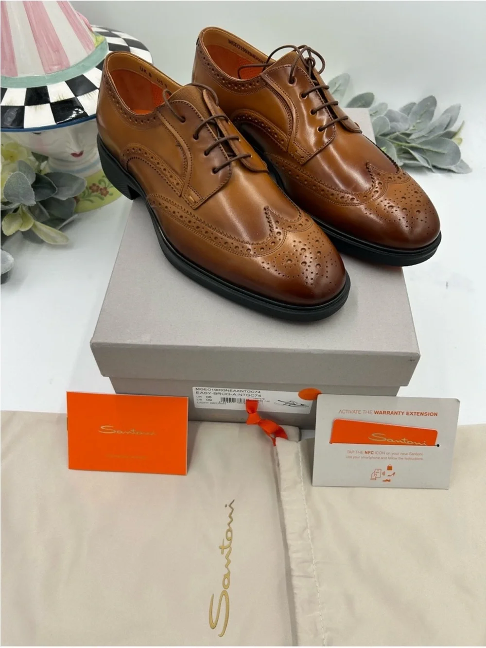 Men’s Santoni easy wing tip brown burnished leather Oxford size 9 US made Italy